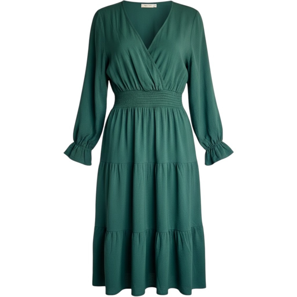 Faux Wrap Smocked Waist Dress Womens XL Flowy Emerald Kelly Green Midi NWT